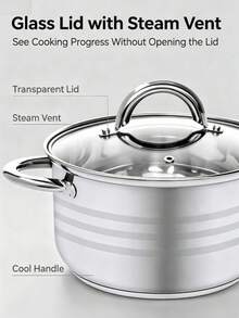 3‑Piece /6‑Piece Cookware Set Optional, Thickened Food‑Grade Stew & Stock Pots, Heat‑Resistant Glass Lid Design, Heat‑Resistant Anti‑Scald Handles, Polished Silver Metal Finish, Glass Lids With Vent Holes, Must‑Have Kitchen Essentials - View 7