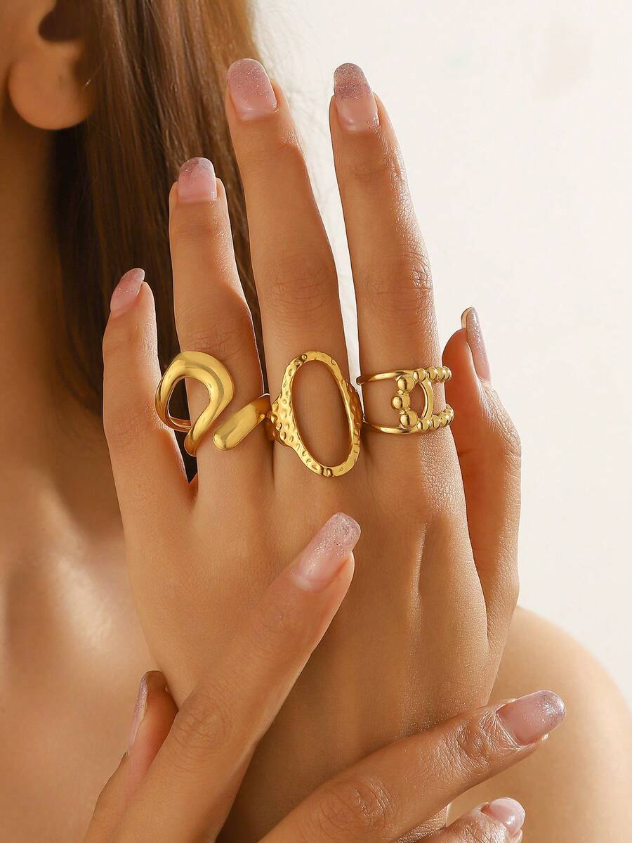 3pcs/Set Stainless Steel 18K Gold Plated Fashion Oval Line Geometric Ring Set, Suitable For Women's Daily Wear, Party, Holiday Gift - Gold - View 1