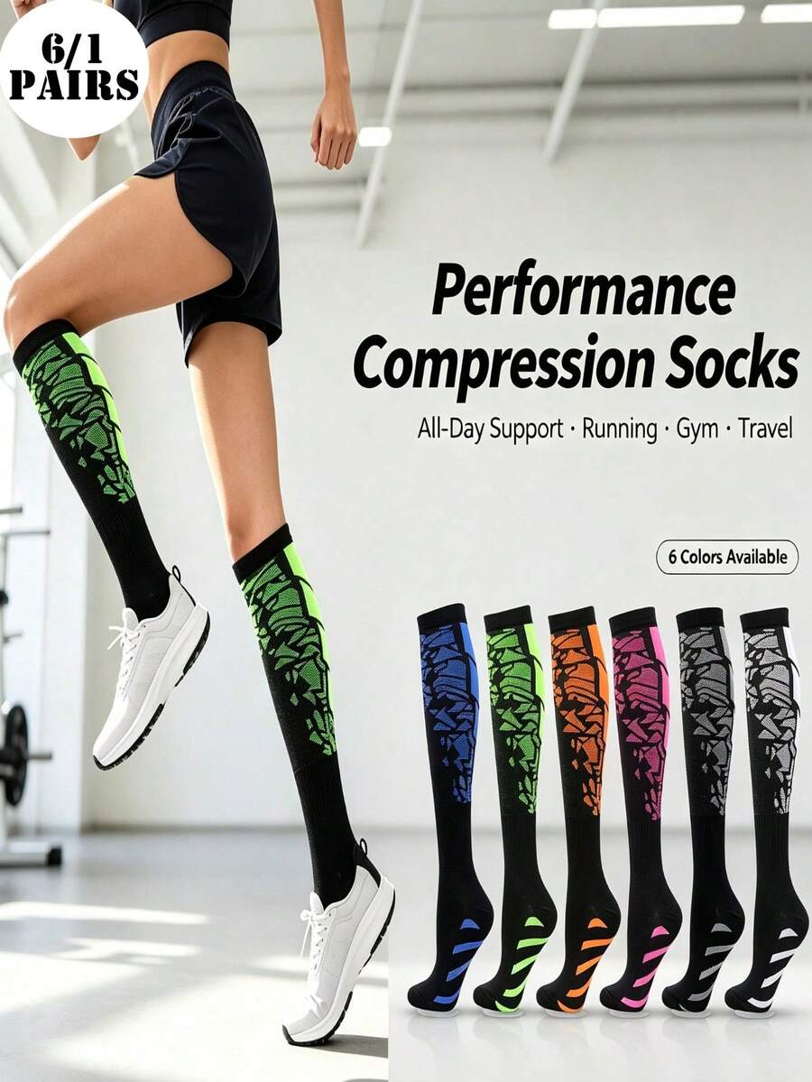 6/1 Pair All-Season Gradient Professional Sports Compression Knee-High Socks For Running, Cycling, Fitness, Hiking - Multicolor - View 1