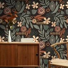 1pc Black Background Deep Green Floral Plant Wallpaper, 17.7" X 118/196", Removable Wallpaper, Living Room, Bedroom Wall And Furniture Renovation Sticker, Autumn Atmosphere Wall Decor, Back To School Decoration, Contact Paper - Home Wallpaper - View 8