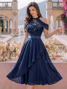 MIUSOL Gaun Koktail Elegan Model Halter Neck dengan Hiasan Payet, Bunga, dan Renda Berlapis, Cocok untuk Ulang Tahun, Tamu Pernikahan, dan Makan Malam Musim Panas. - Navy Blue - View 3