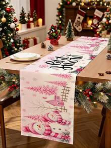 1pc Christmas Themed Table Runner, Pink Christmas Snowman & Poinsettia Theme, Merry Christmas, 35x180cm, Polyester Table Runner, Suitable For Christmas Holiday Table Center Decoration, Christmas Holiday Party Gathering Table Decor Tablecloth - Multicolor - View 4