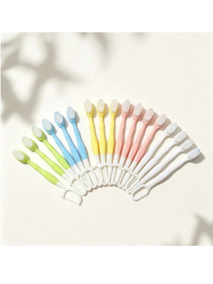 2 In 1 Disposable Soft Bristle Toothbrush & Dental Floss Stick, Portable Travel Oral Cleaning Tool, Multiple Colors Random, Teeth Cleaning Tool, Dental Accessories, Mini Toothbrush - Multicolor - View 1