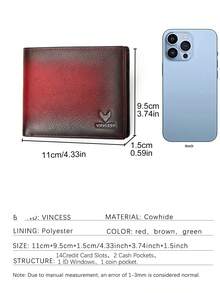 VINCESS Vintage Style Men's Wallet - Genuine Leather Material RFID Blocking Ultra-Thin Design - Fashionable Color Matching, Men's Card Holder Coin Pouch Coin Purse Multi-Function Wallet, Suitable For Daily Use And Holiday Gifts - Red - View 9