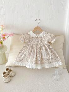 Miniweenns 1件女嬰夏季戶外休閒花卉短袖公主洋裝，1歲生日禮物 - 彩色 - 查看 4
