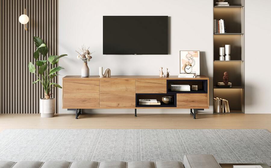 Tv Stand With Storage Brown Made Of Wood For Living Room - 棕色 - 查看 1