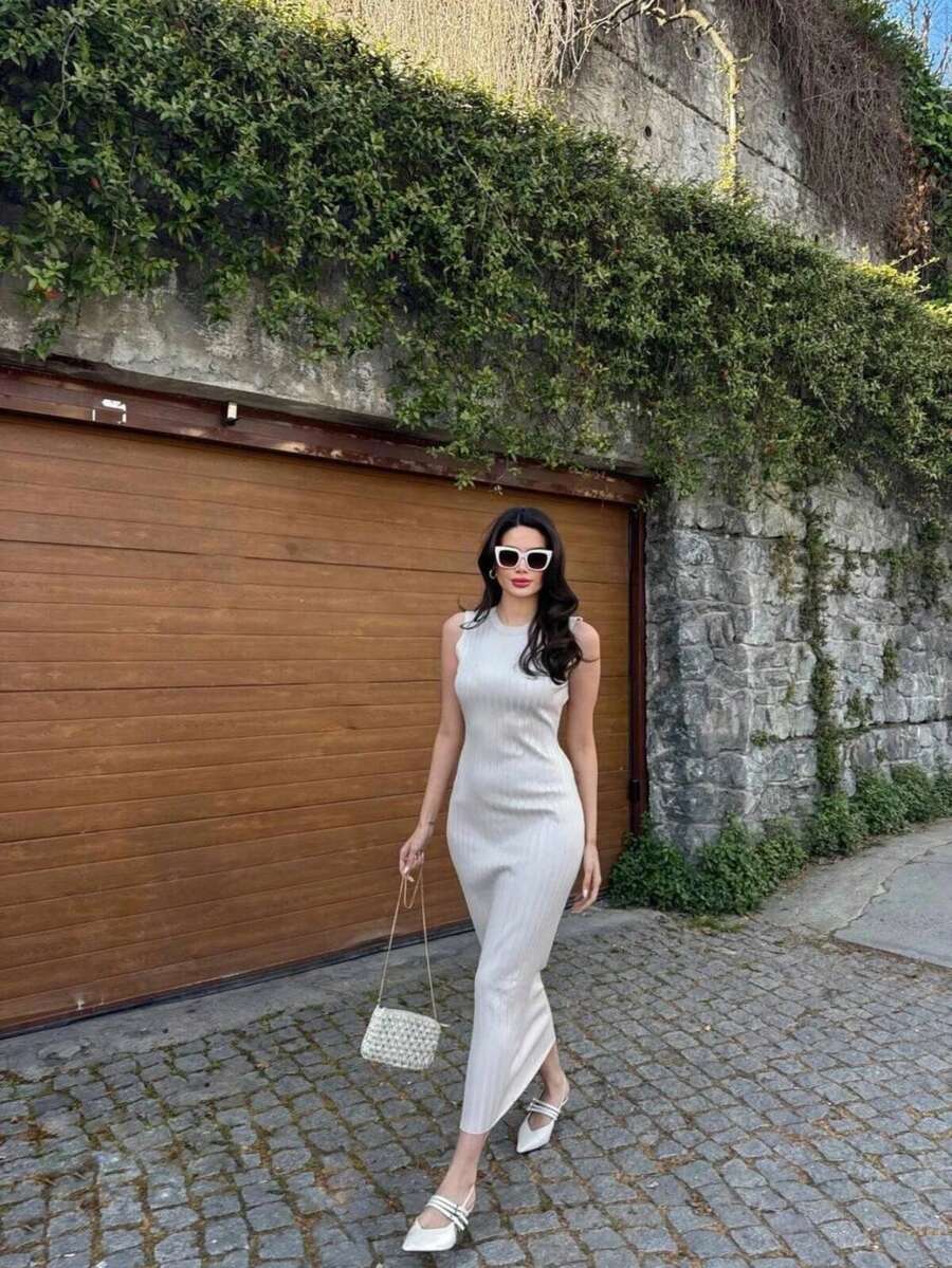 Women's Summer Diamond Sleeveless Dress - Beige - View 1