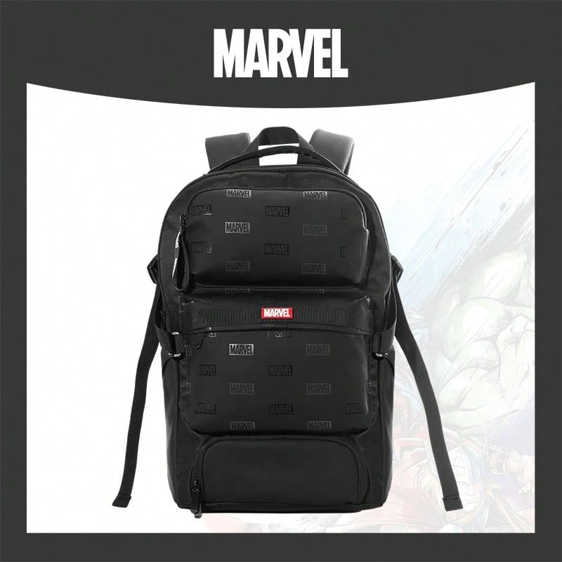Mesuca Large Capacity Daily Use Backpack Marvel Full Body Logo Print Pattern Black Tone Tear-Resistant Fabric Multiple Independent Compartments Safety Strap Lightweight Suitable For Outdoor Fitness Weekend City Tour 1pc - View 1