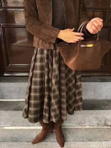 Women's Vintage Casual A-Line Midi Skirt, Plaid Pattern Brown Skirt, Suitable For Commuting, Shopping, Dating, Comfortable And Elegant - Brown - View 6