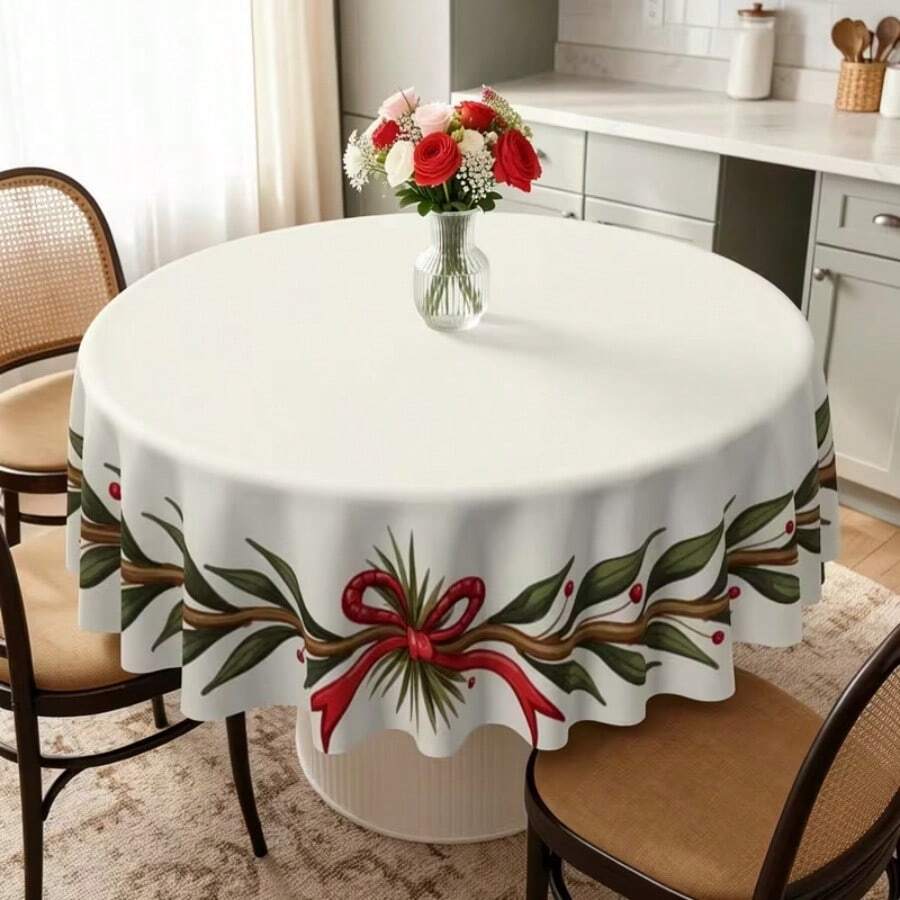 1/16 Pfirsichhaut Samt Material Tischdecke, weißer Hintergrund Design, Weihnachtspflanzen Kranz Dekoration, langanhaltend Innen- und Außenbereich Feiertagstischdecke, geeignet für Küche, Restaurant und Weihnachtsparty Dekoration, Feiertagsthema, Heimdekoration.