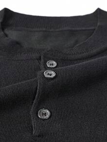 Men's Autumn/Winter Henley Collar Long Sleeve Minimalist Sweater - Black - View 7