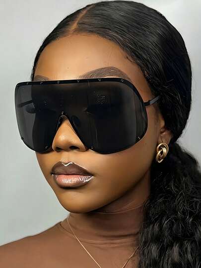 1pc Black Metal Rivet Half-Frame One-Piece Oversized Aviator Fashion Glasses, Outdoor Cycling Integrated Eyewear, Suitable For Daily Wear, Street Photography, Vacation Travel, Summer Beach And Other Occasions, Full Of Academic Style, Showcasing Fashion Taste.