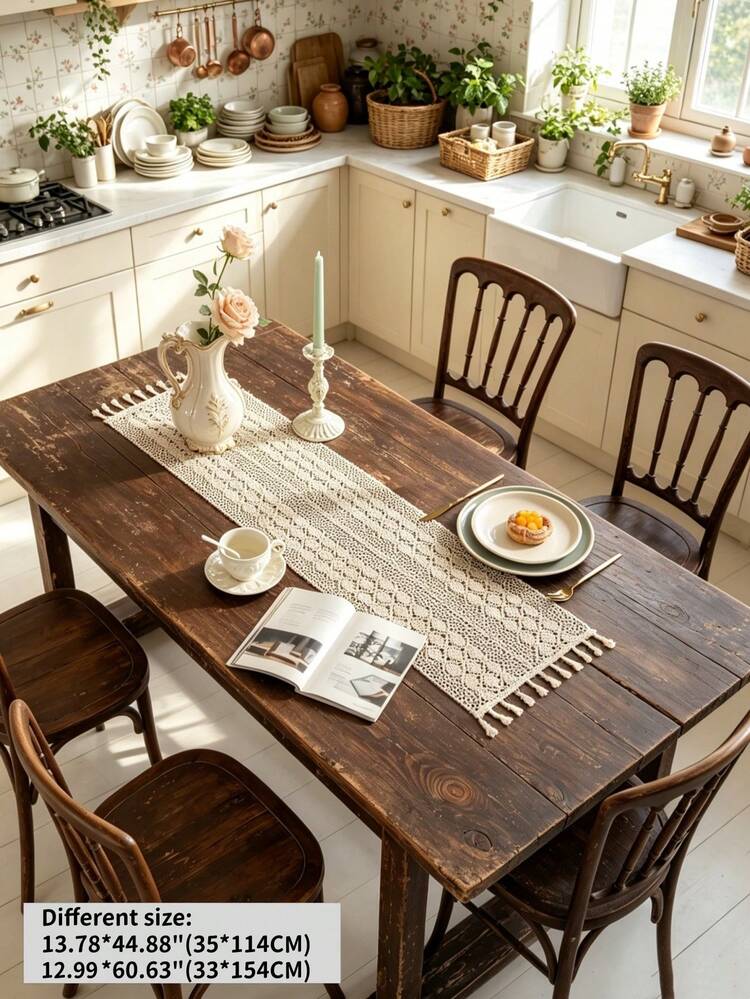1pc Beige Crochet Hollow Tassel Table Runner, Bohemian Farmhouse Vintage Lace Dining Table/Coffee Table/Vanity Decor Cloth, Suitable For Wedding Party Home Decoration - Beige - View 17