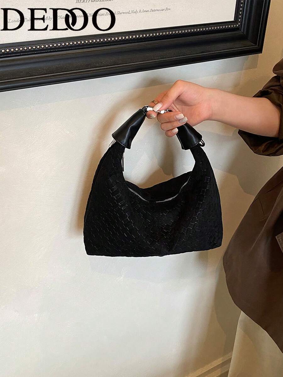 Dedoo 女款腋下包斜跨包，編織壓紋仿麂皮質感，手提式附可拆卸寬肩帶與拉鍊開合，大容量通勤休閒單肩包，適合日常出行與上班族