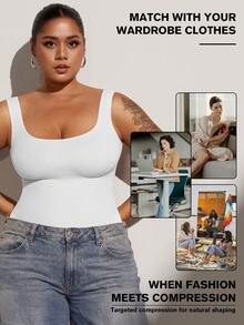 1pc Women Plus Size Seamless Bodysuit, Waist Cinching, Tummy Control, Butt Lifting - White - View 6