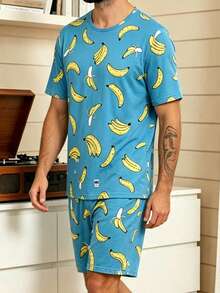 Men's Pajama Set, Round Neck, Thin, All-Over Banana Print, Short Sleeve, Shorts, 2 Pieces Set, Summer, Fun, Quirky, Fresh, Men's Loungewear - Multicolor - View 4