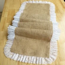 1pc Vintage Lace Trim Burlap Table Runner, Rustic Dining Table Decor, Wedding Party Atmosphere Long Tablecloth, American Farmhouse Style Dining Table Cover, Banquet Wedding Tabletop Decoration, Dining Table Coffee Table Decorative Tablecloth - Camel - View 3