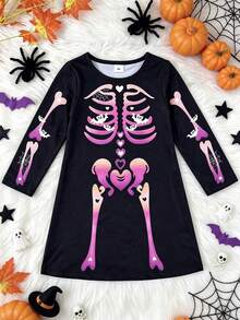 1pc Girls Toddler Casual Halloween Dress, Pink Purple Skull Little Ghost Heart Bat Spider Web Print, Soft Comfortable Knit Fabric, Suitable For Outdoor Wear, Autumn/Winter - Black - View 4