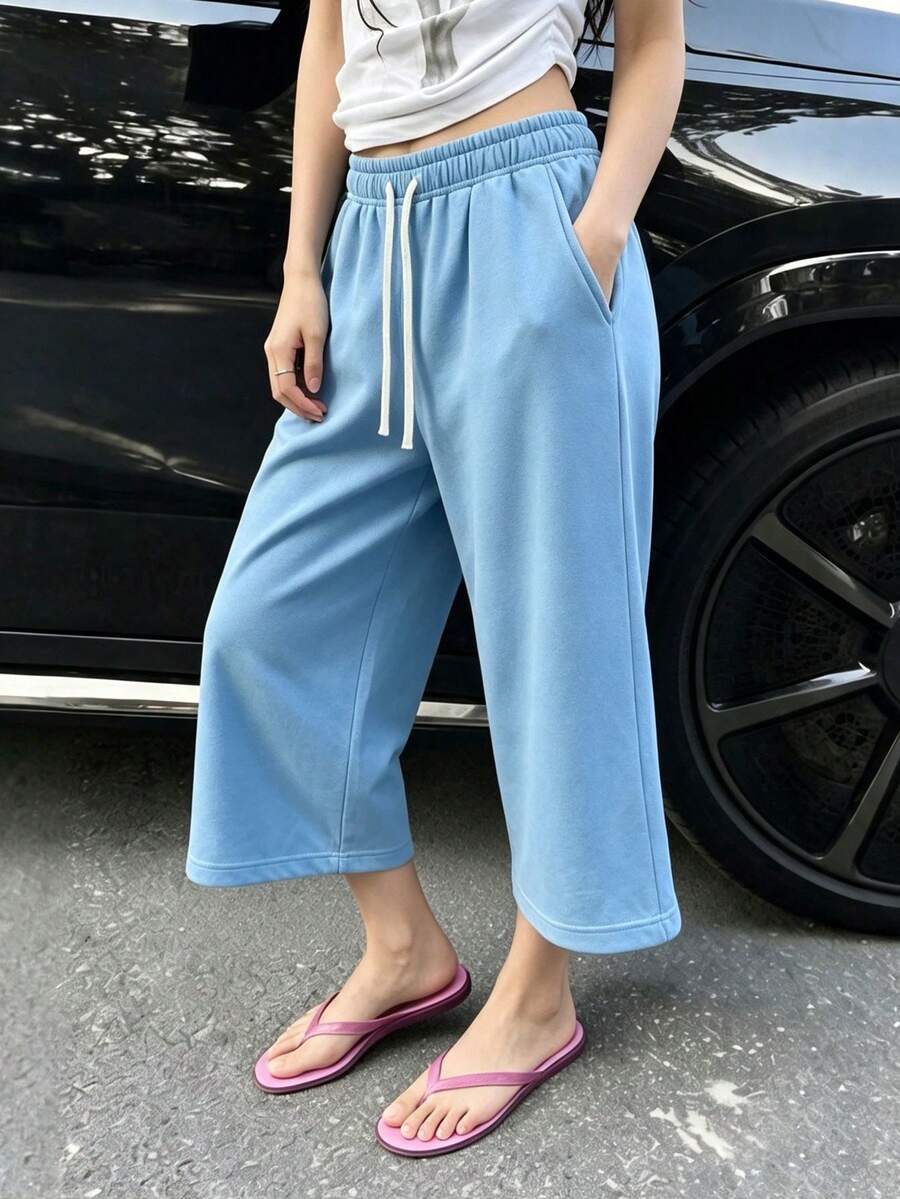 女款寬鬆中長款運動短褲,休閒寬腿抽繩百慕達居家褲 - 淺藍色 - 查看 1