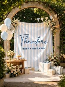 Customizable Name Striped Happy Birthday Backdrop Banner, Personalized Background Banner For Indoor Wall Decor, Birthday Wedding Holiday Party, Fabric Home Garden - Multicolor - View 7