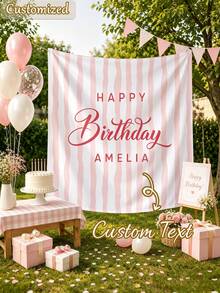 Customizable Name Striped Happy Birthday Backdrop Banner, Personalized Background Banner For Indoor Wall Decor, Birthday Wedding Holiday Party, Fabric Home Garden - Multicolor - View 3