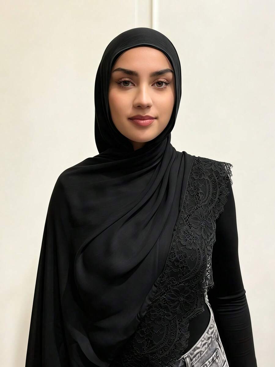 1pc Women's Elegant Lace Trim Lightweight Modal Wide Border Rectangular Headscarf, Classic Prayer Shawl Hijab, Comfortable Breathable Lightweight Modal Fabric, Premium Heavy-Duty Wide Border Hemming Modal Hijab, Suitable For Festivals, Daily Wear And Travel - Black - View 1