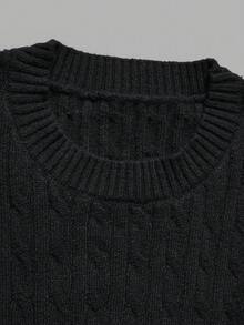 Women's Black Fitted Cable Knit Top, Round Neck Long Sleeve Slim Fit Basic Sweater, Summer/Autumn - Black - View 6