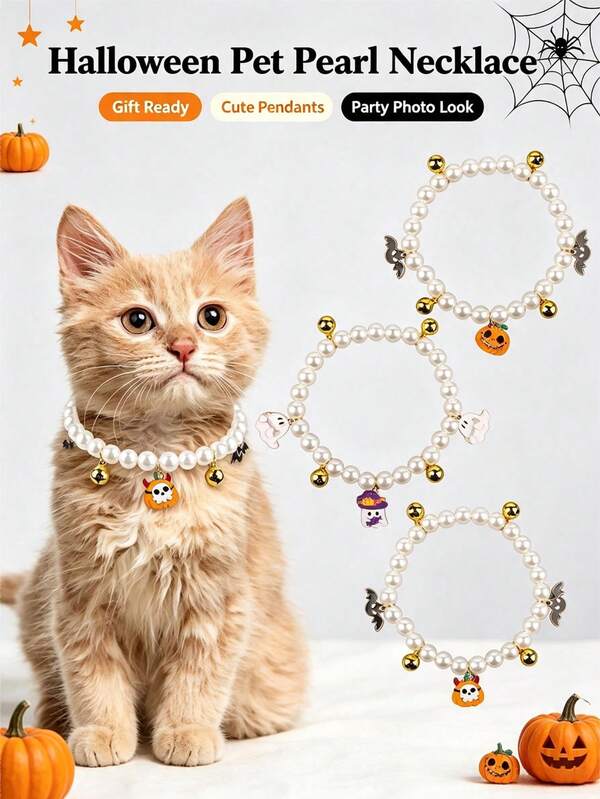 1 pieza Collar para mascotas de Halloween, collar elástico de perlas falsas con campana dorada, colgante de esmalte con diseños lindos de fantasma, calabaza y murciélago, accesorio de joyería para disfraz de vacaciones, regalo de Halloween para gatos y perros pequeños