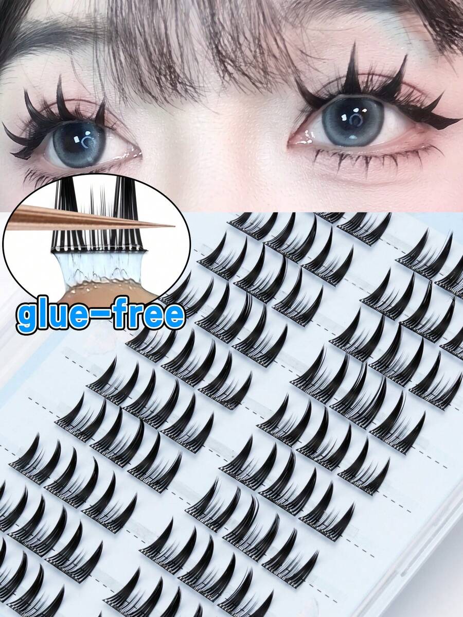 60 Clusters Cartoon Pointed False Eyelashes, Self-Adhesive False Eyelashes, No Glue Needed, Glue-Free False Eyelashes, Suitable For Beginners, Beginner-Friendly Segmented False Eyelashes - C - View 1