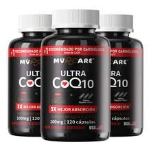 Suplemento de CoQ10 100 mg, CoQ10 Soluble en Agua y Grasa. Absorción Máxima Garantizada,antioxidante, beneficioso para la salud del corazón y la producción de energía, Suplemento de coenzima Q10 - MVPCARE 120 cápsulas blandas - Tres botellas - Ver 12