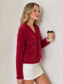 Tie Cutout V Neck Fuzzy Cropped Slim Knit Sweater - Red - View 6
