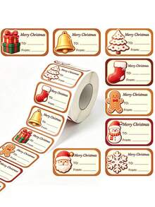 300/500PCS Roll Of Christmas Gift Wrapping Labels, Santa Claus, Reindeer, And Bell Patterns, Christmas Gift Name Label Stickers Roll,For Holiday Gift Box Packaging, Envelope Decoration, Christmas Card, Invitation, And Handmade Gift Sealing Decoration - Multicolor - View 12
