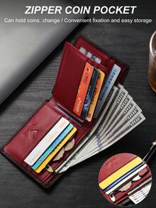 VINCESS Vintage Style Men's Wallet - Genuine Leather Material RFID Blocking Ultra-Thin Design - Fashionable Color Matching, Men's Card Holder Coin Pouch Coin Purse Multi-Function Wallet, Suitable For Daily Use And Holiday Gifts - Red - View 5
