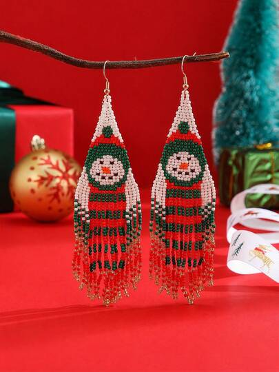 SOUL BEADING 1 Pair Women's Fashion Tassel Earrings, Christmas Style, Green White Red Seed Beads, Snowman Pattern, Suitable For Christmas Wear, Ideal Gift Choice, Handmade Woven Beaded, Celebrate The Holiday