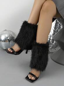 Autumn/Winter Niche Long Fur Ankle High Heel Sandals Boots Women Square Toe Single Strap Stiletto Heel Slimming Short Boots - Black - View 5