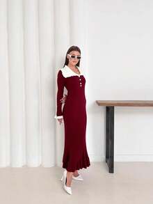 Women's Ruffled Pearl Button Detailed Dress - Burgundy - View 3