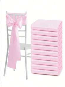 10pcs Pink Satin Chair Back Bow Ribbon, Suitable For Banquet, Hallway, Party, Bridal Shower, Restaurant, Birthday Party, Event, Dinner, Hotel Decoration And Other Occasions Wedding Chair Back Decoration (Bow Needs To Be Tied Manually) - Pink - View 2