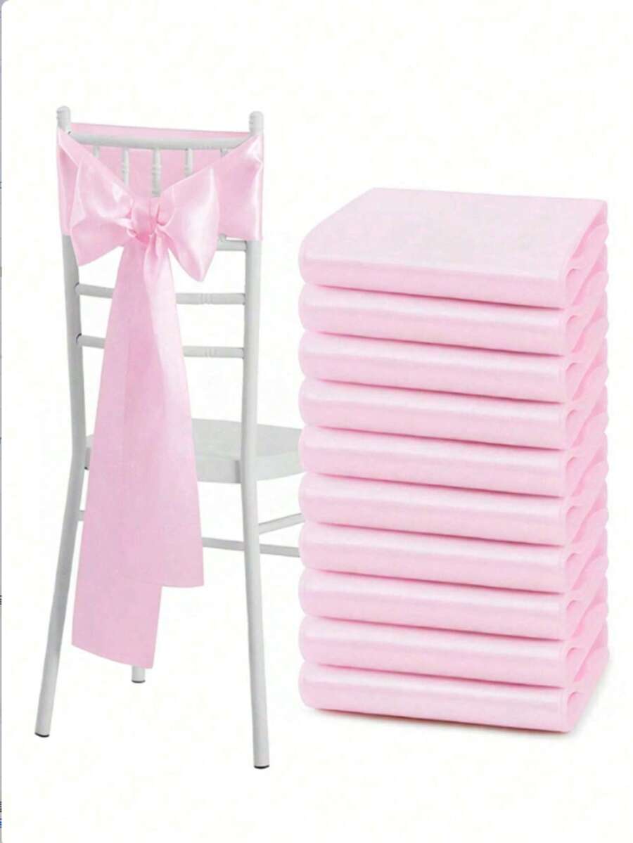 10pcs Pink Satin Chair Back Bow Ribbon, Suitable For Banquet, Hallway, Party, Bridal Shower, Restaurant, Birthday Party, Event, Dinner, Hotel Decoration And Other Occasions Wedding Chair Back Decoration (Bow Needs To Be Tied Manually)