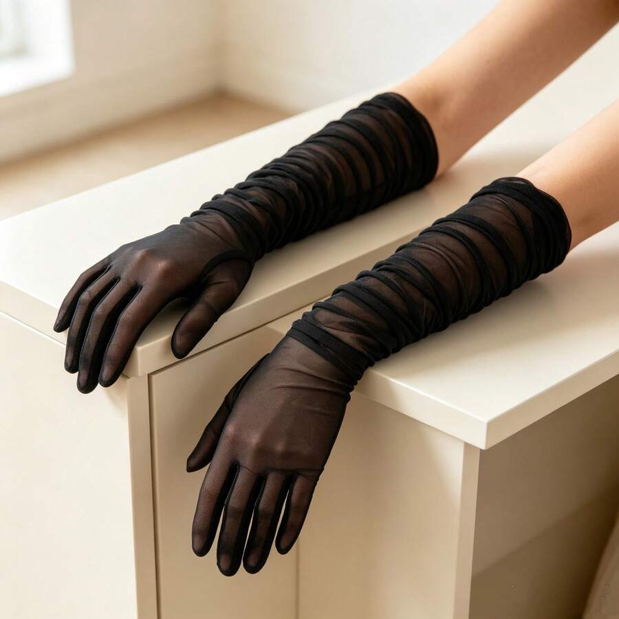 1 Pair Black Sheer Lace Tull Gloves, Retro Elbow Length, Fit For Parties, Opera Occasions And Costume Matching - View 1