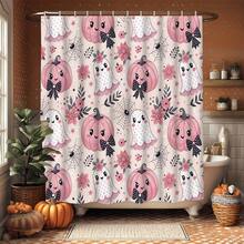 1/4pcs Halloween Pink Cute Ghost Pumpkin Shower Curtain Set, With 12 Hooks Waterproof Polyester Shower Curtain, Bathroom Curtain, Privacy, Thickened, Durable Quick Dry, 180*180cm Size, Halloween Thanksgiving Autumn Harvest Bathroom Decor - A - View 18