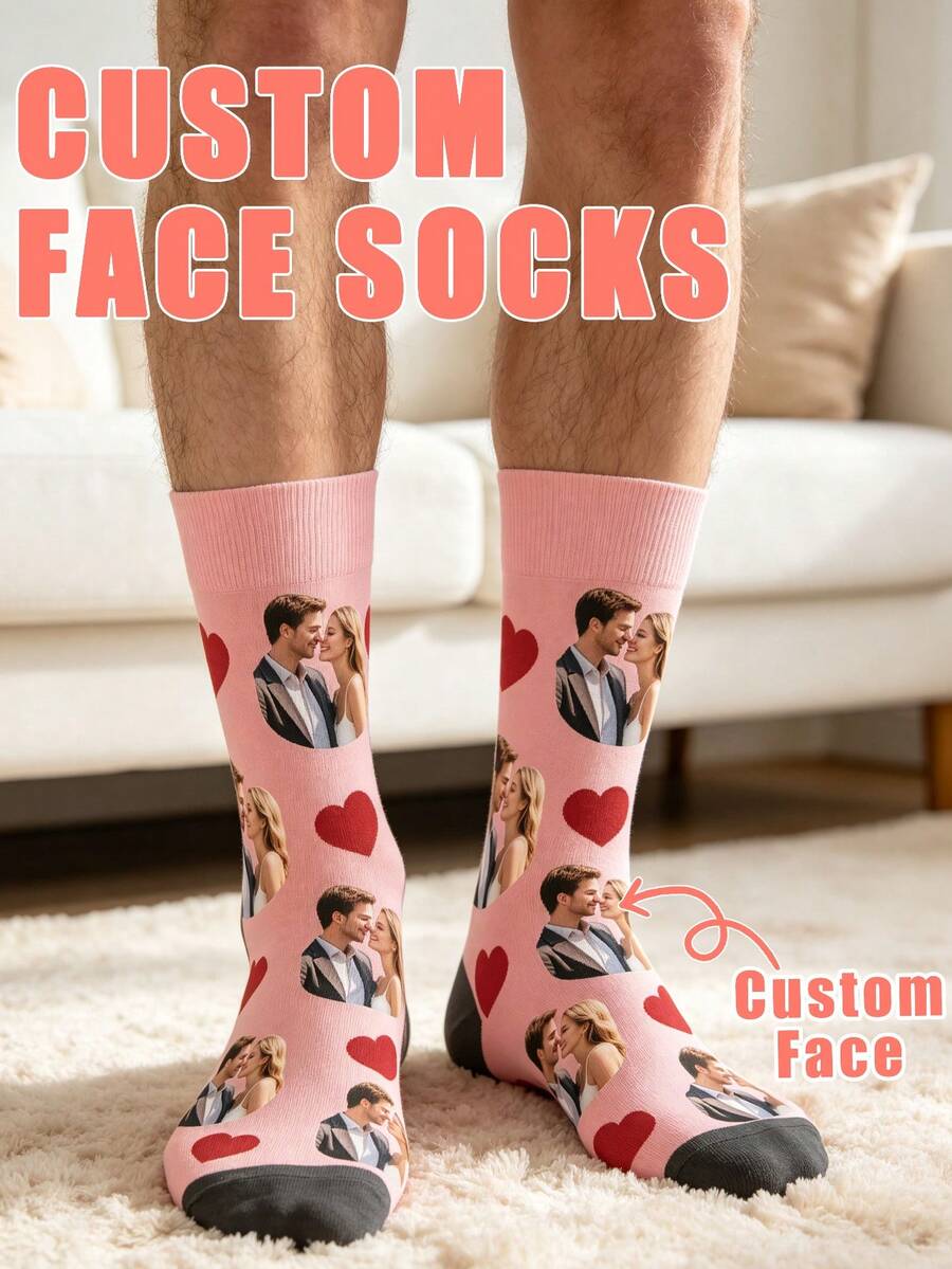 Custom Photo Crew Socks, Pink Sock Body Matched With Black Toe Caps, Decorated With Custom Couple Photos And Red Heart Patterns. Made Of Soft Stretch - Multicolor - View 1