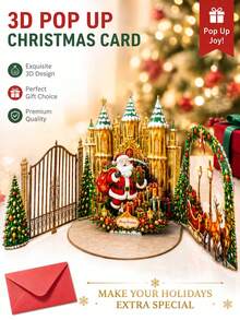 2pcs /3D Pop‑Up Santa Claus Castle Greeting Card, 3D Christmas Greeting Card That Comes With Matching Envelope, Christmas Season's Greeting Card, Christmas Surprise Gift Card, Christmas Gift And Festive Decorative Greeting Card - Set - View 1