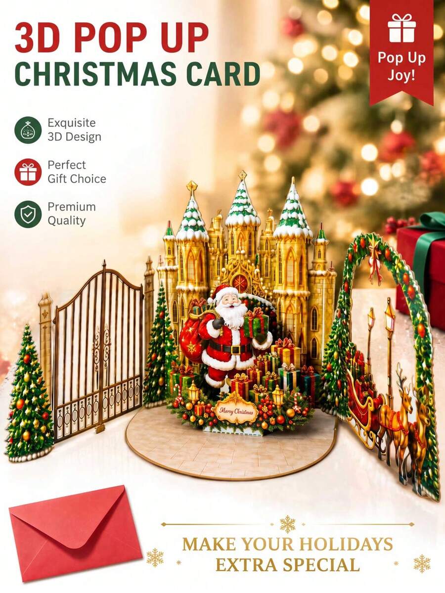 2pcs /3D Pop‑Up Santa Claus Castle Greeting Card, 3D Christmas Greeting Card That Comes With Matching Envelope, Christmas Season's Greeting Card, Christmas Surprise Gift Card, Christmas Gift And Festive Decorative Greeting Card - Set - View 1