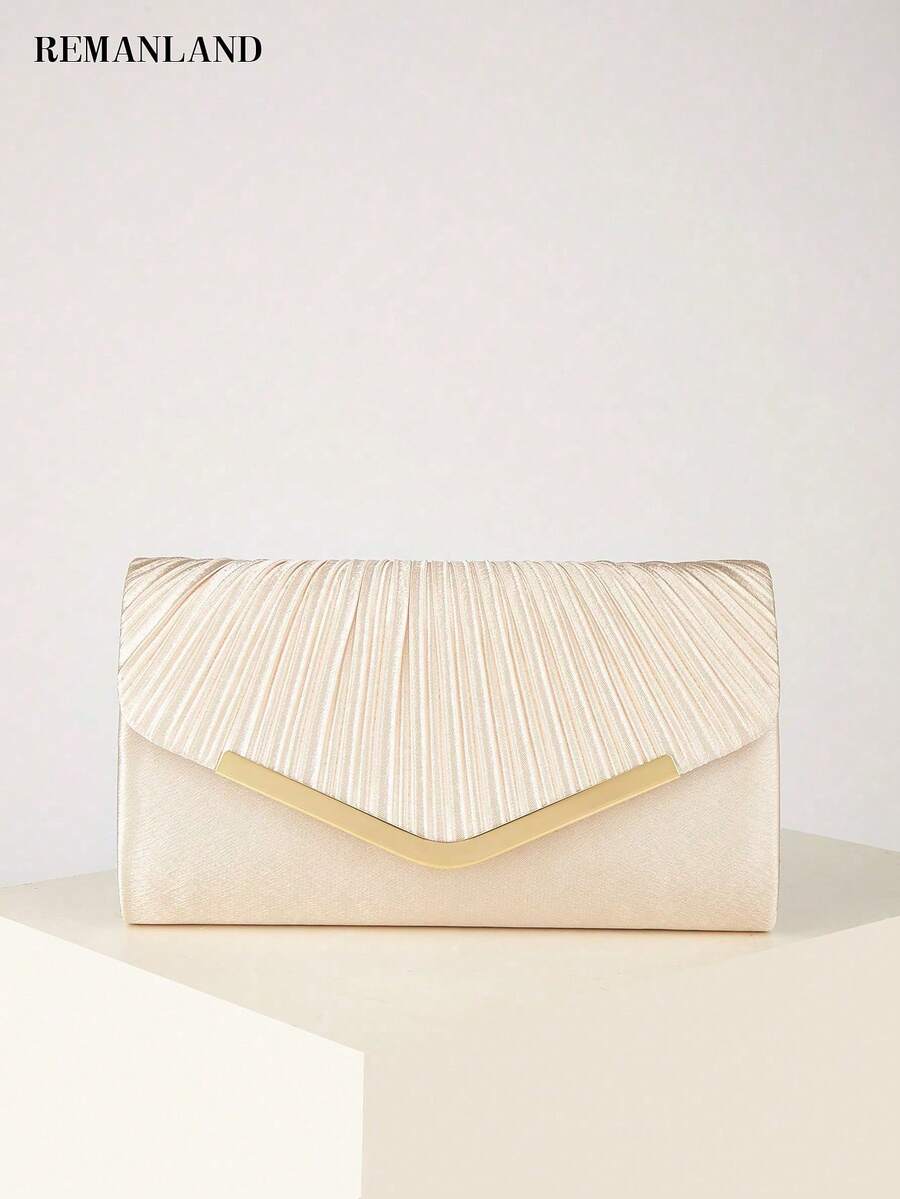 REMANLAND Ruched Flap Satin Clutch Bag, Evening Party Dress Envelope Handbag, Gathering Small Square Bag, Elegant Evening Banquet Box Bag, Banquet Handheld Crossbody Bag, Luxury Evening Party Clutch, Banquet Dress Party Small Bag, Elegant Lady Handbag, Fashion Crossbody - Apricot - View 1
