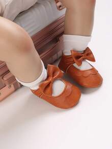 Premium Infant Girl Bow Mary Jane Shoes, Soft Sole Non-Slip Newborn Princess Walking Shoes - Brown - View 5