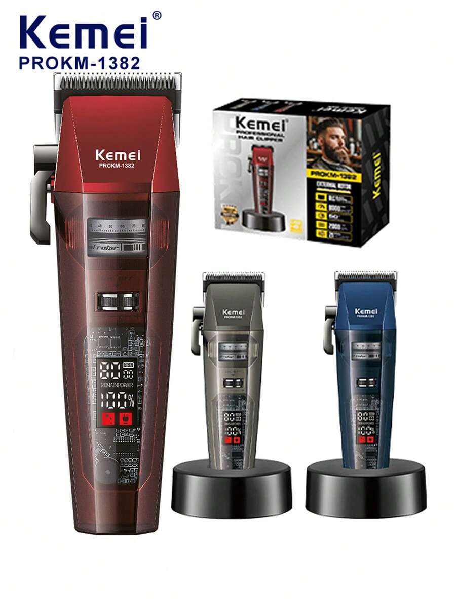 Kemei PROKM-1382 Upgraded Men's Hair Clipper USB Rechargeable Long Battery Life Electric Hair Trimmer With Charging Base 21-Speed Adjustable Power Hair/Beard Trimmer With Digital Display Wireless Electric Scissors Gift For Men