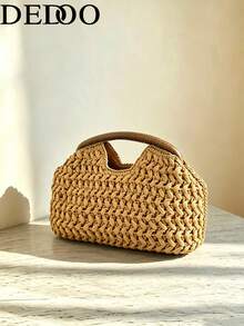 Dedoo Vintage French Style Rough Texture Straw Handbag, Cloud-Shaped Design With Hollow Handle For Easy Carrying, Beach Holiday Vibe Clutch Bag, Suitable For Spring/Summer Everyday Outings As A Wristlet - Yellow - View 2