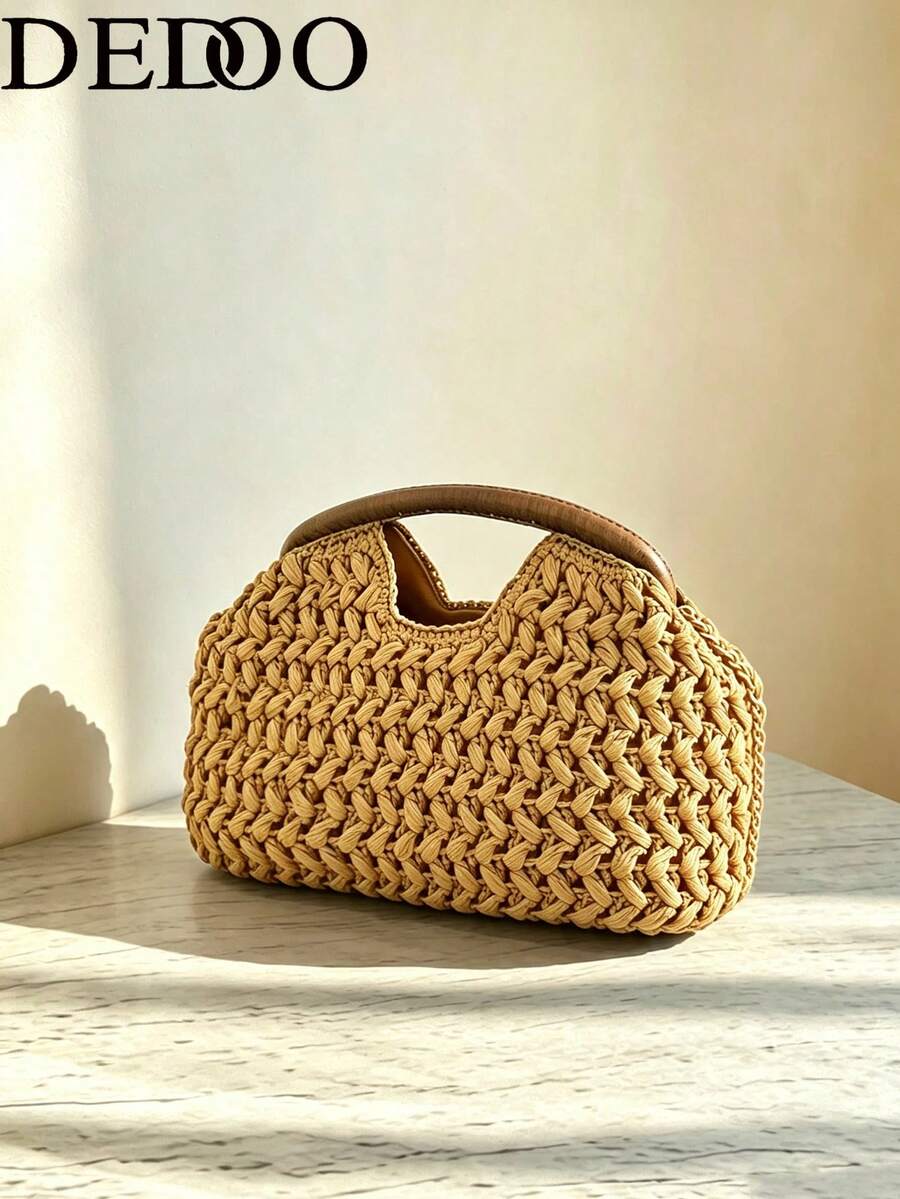 Dedoo Vintage French Style Rough Texture Straw Handbag, Cloud-Shaped Design With Hollow Handle For Easy Carrying, Beach Holiday Vibe Clutch Bag, Suitable For Spring/Summer Everyday Outings As A Wristlet