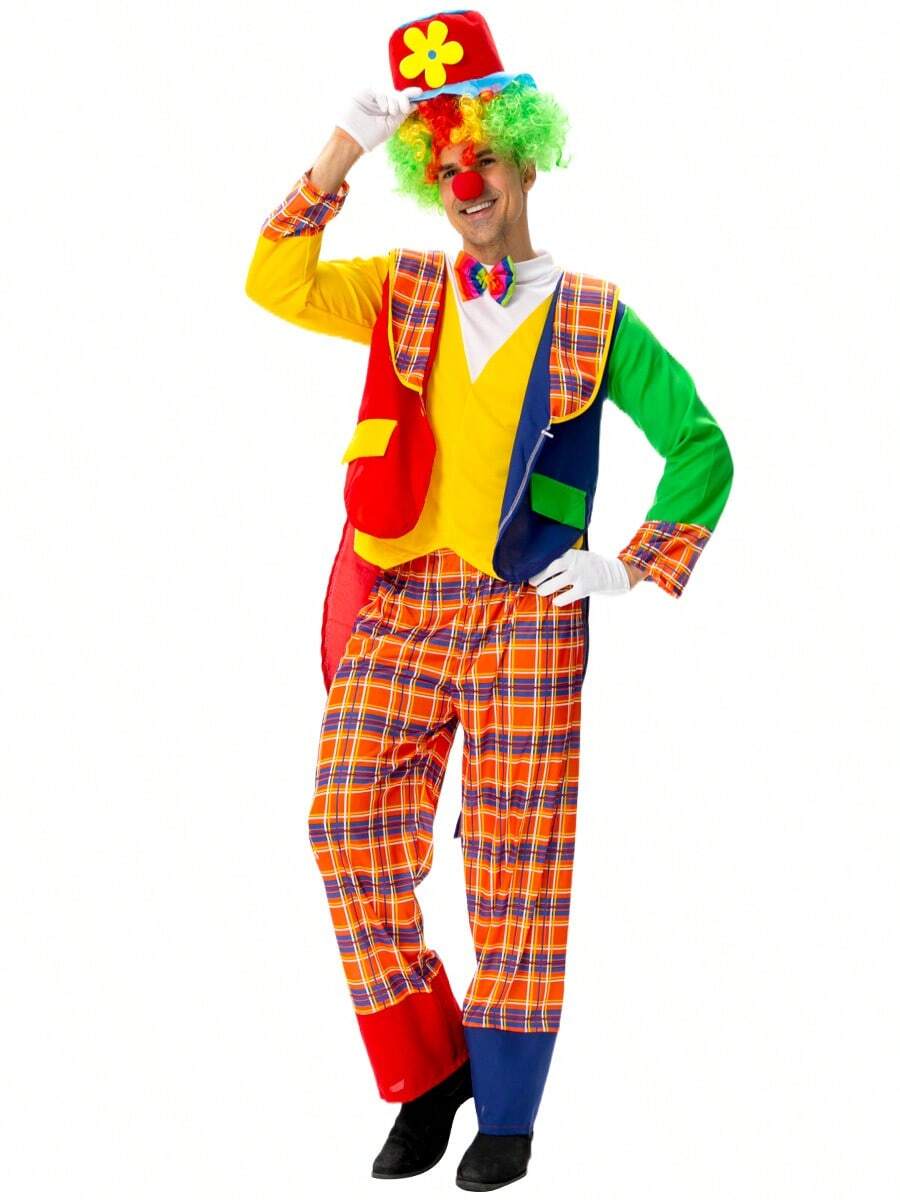Adult Men's Color Blocking Patchwork Checkered Clown Costume Halloween Circus Carnival Funny Party Role-Playing Cosplay Performance Set - Multicolor - View 1