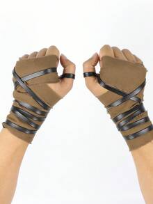 2PCS Vintage Pirate Fingerless Wrist Wrap, Medieval Ranger Faux Leather Straps Wrist Guard, Renaissance Cosplay LARP Costume Accessory Halloween - A - View 5